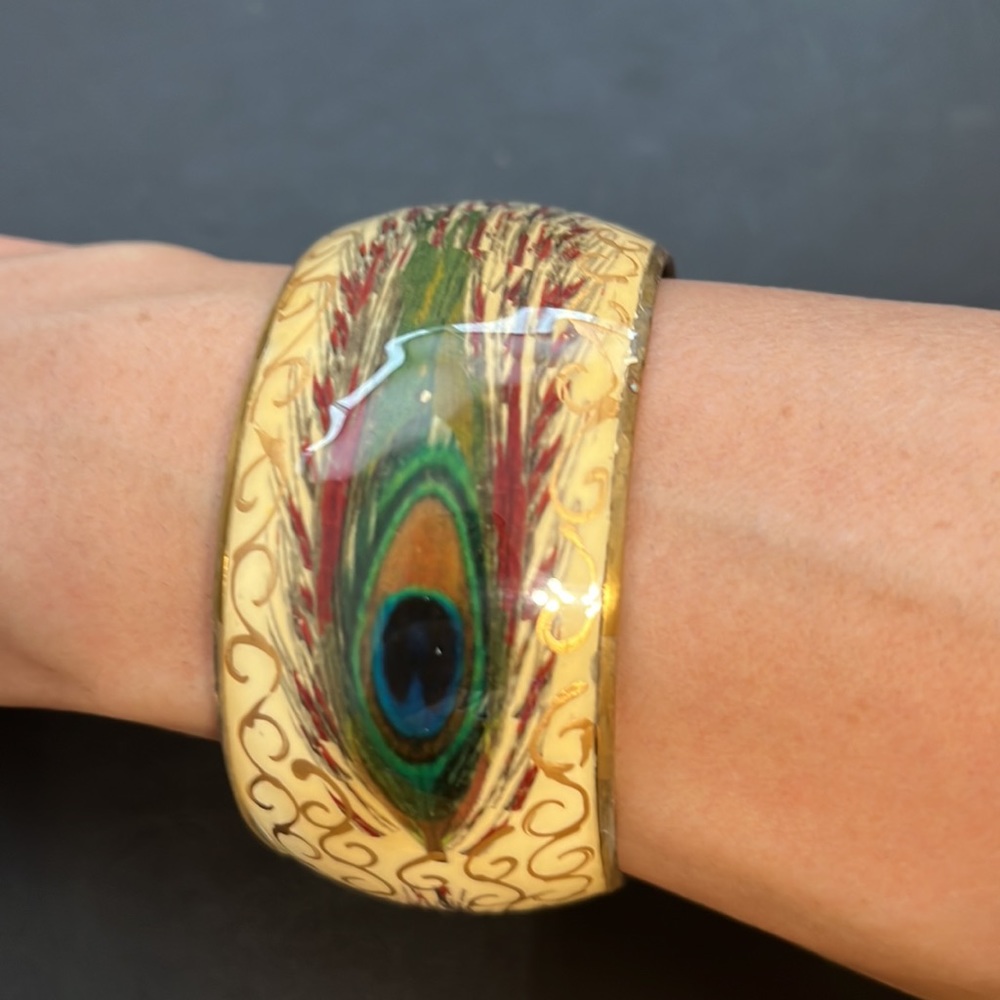Vintage Gold and Cream Enamel Bangle Bracelet, Peacock Feather, Boho, Retro - Picture 2 of 9